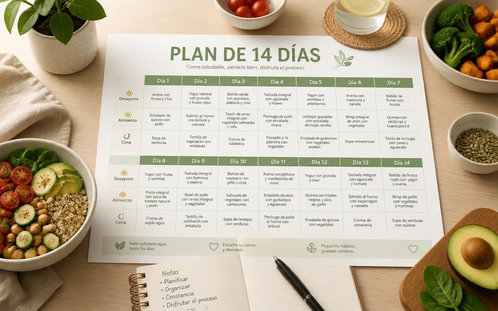 Plan de 14 días antiinflamatorio organizado en calendario